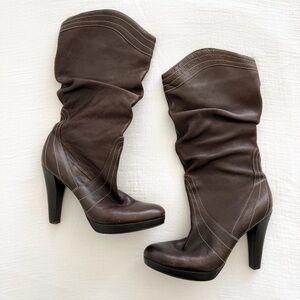 Vintage BCBG Paris Brown Leather Slouch Mid Calf Boots